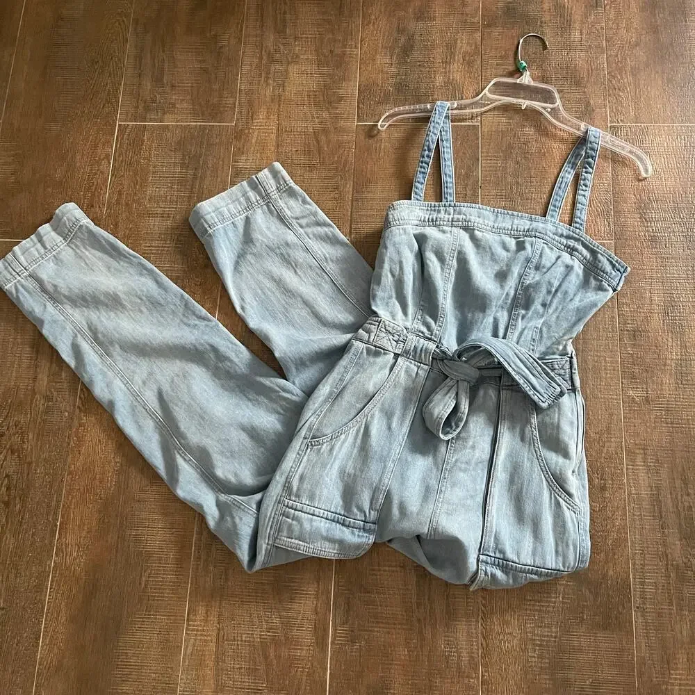 Free People Women's West Denim Utility Jumpsuit OB1160882 Mirage Blue Size Small